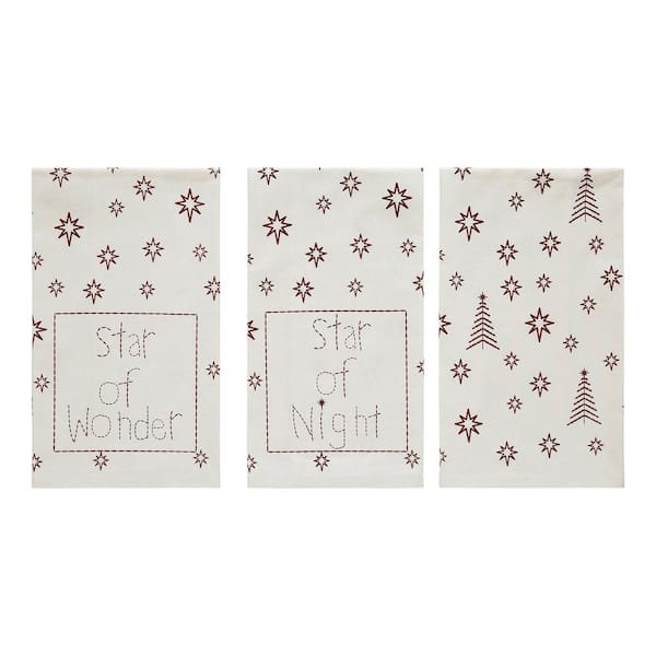 VHC BRANDS Star of Wonder Cream Burgundy Seasonal Primitive Christmas Cotton Kitchen Tea Towel Set (Set of 3)