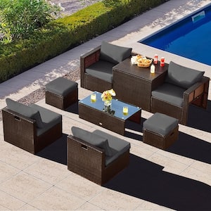 8-Piece Patio Rattan PE Wicker Conversation Set All-Weather Furniture Set with Cushions Grey
