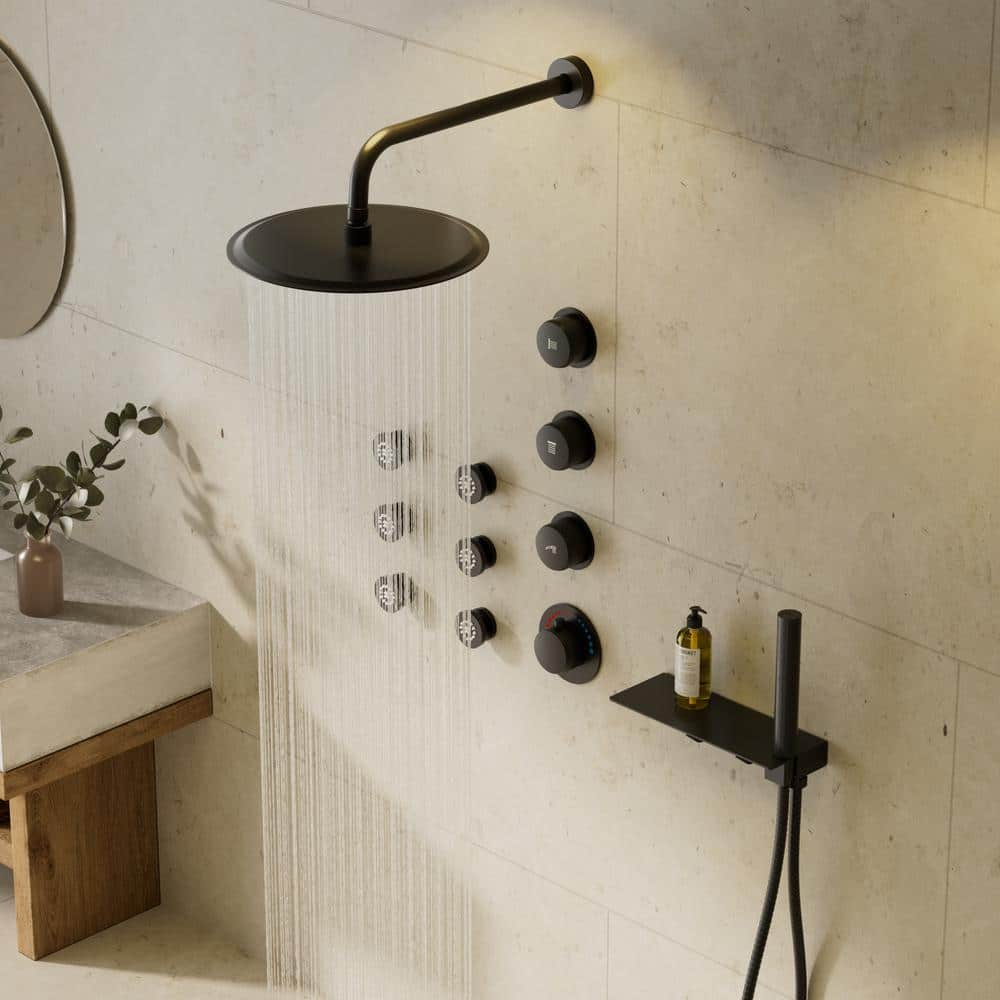 GRANDJOY Module Switch 7-Spray 12 in. Dual Wall Mount Fixed and Handheld Shower Head 2.5 GPM in Matte Black with Valve 6 Jets