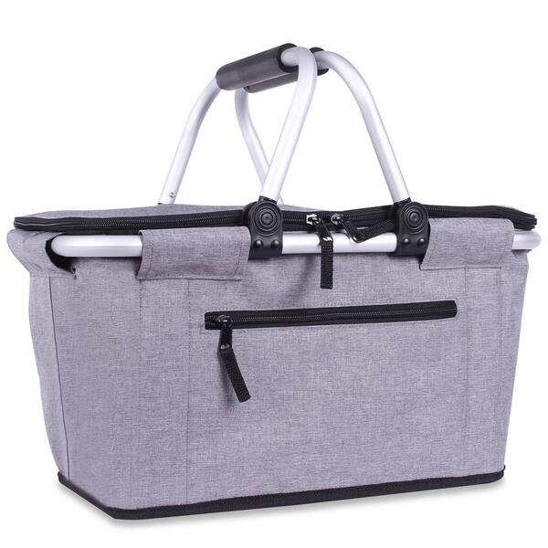 1-Piece Polyester Thermal Insulated Picnic Basket Set with Collapsible Design and Aluminum Frame for Picnic Travel, Gray