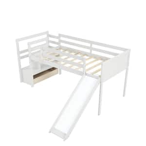 White Twin Low Loft Bed with Stairs and Slide