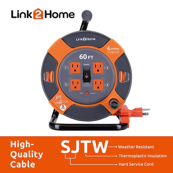 Link2Home 60 ft. 14/3 Extension Cord Storage Reel with 4 Grounded