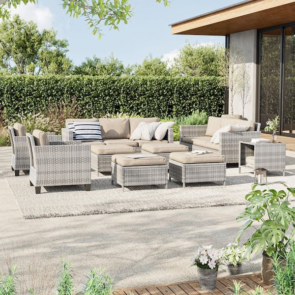 9-Piece Gray Wicker Outdoor Seating Sofa Set with Coffee Table, Linen Flax Beige Cushions