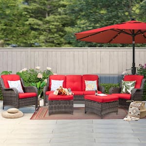5-Piece Wicker Outdoor Patio Seating Conversation Set Sectional Sofa with Red Cushions