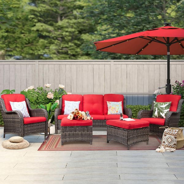 JOYSIDE 5-Piece Wicker Outdoor Patio Seating Conversation Set Sectional Sofa with Red Cushions