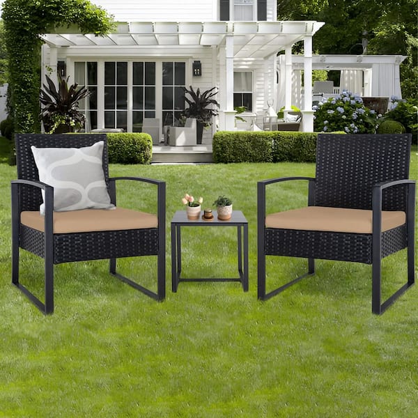 3-Piece Black Wicker Patio Outdoor Bistro Set with Brown Cushions and 1 Side Table