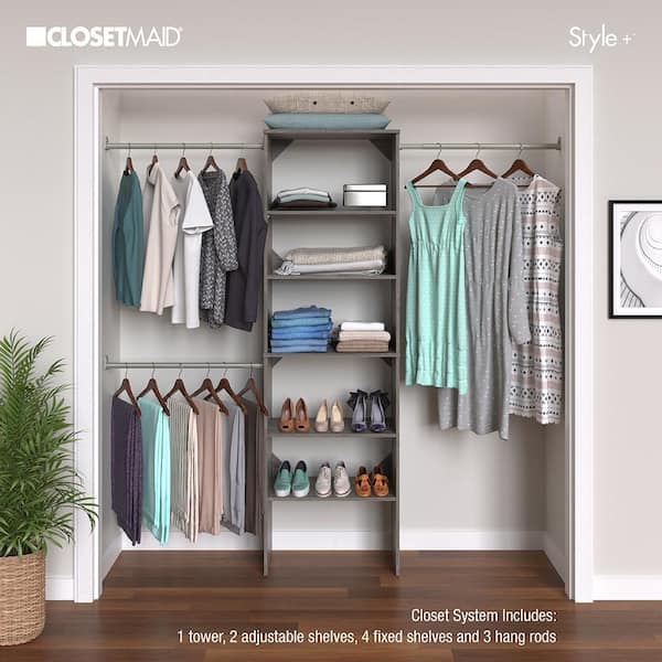 ClosetMaid Style+ 72 in. W - 113 in. W White Narrow Wood Closet System 4358  - The Home Depot