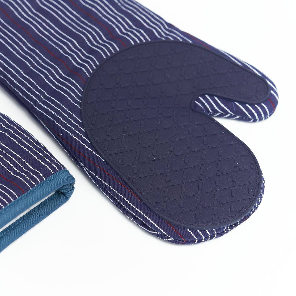 Navy Striped Cotton Oven Mitts with Silicone Palm