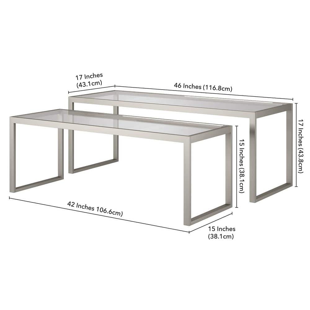 Satin Nickel Rectangular Nesting Coffee Table Set with Glass Tops
