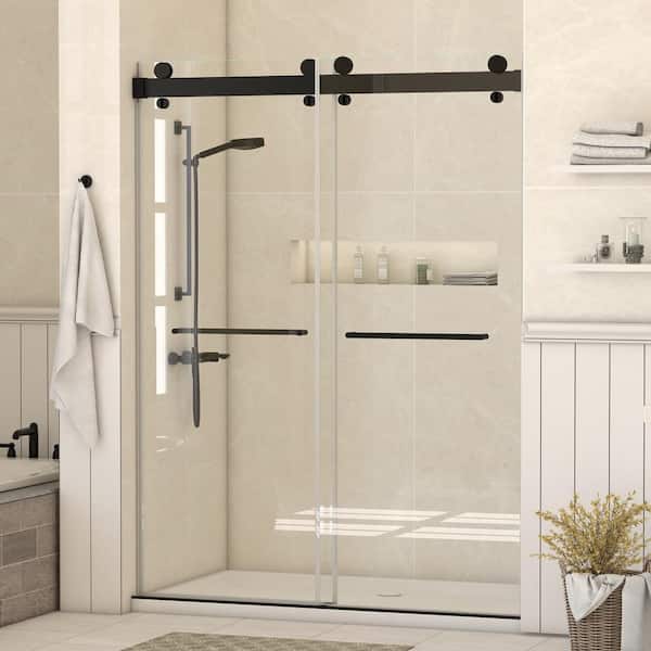 Hpeytaire 73 in. W x 78 in. H Double Sliding Door Soft-Closing System Frameless Corner Shower Enclosure in Matte Black 5/16 in.