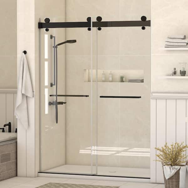 Hpeytaire 73 in. W x 79 in. H Double Sliding Door Soft-Closing System Frameless Corner Shower Enclosure in Matte Black 5/16 in.