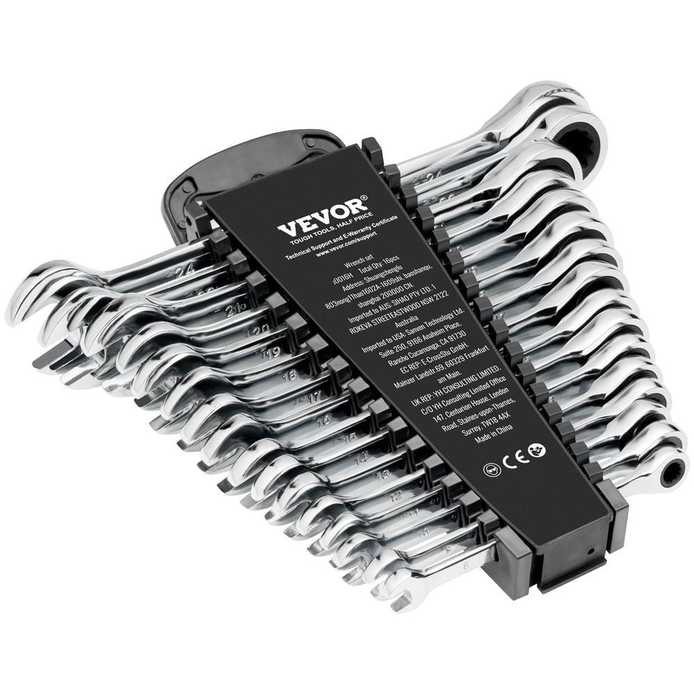 VEVOR Combination Wrench Set, 16-Piece Ratcheting Wrench Set with organizer rack, Cr-V Steel Wrench Set Metric 8 mm to 24 mm