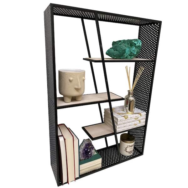 ADMIRED BY NATURE White Oak Wood Rectangular Wall-Mounted Metal Hanging Storage Floating Shelves, Black
