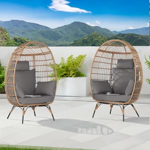 2 Pieces Oversized Outdoor Brown Rattan Egg Chair Patio Chaise Lounge Indoor Basket Chair with Gray Cushion