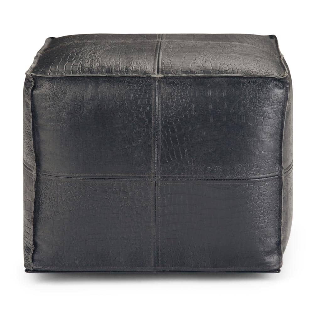 Bohemian Black Genuine Leather Square Pouf Ottoman