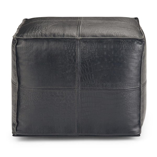 Simpli Home Bowen Boho Square Pouf in Black Genuine Leather