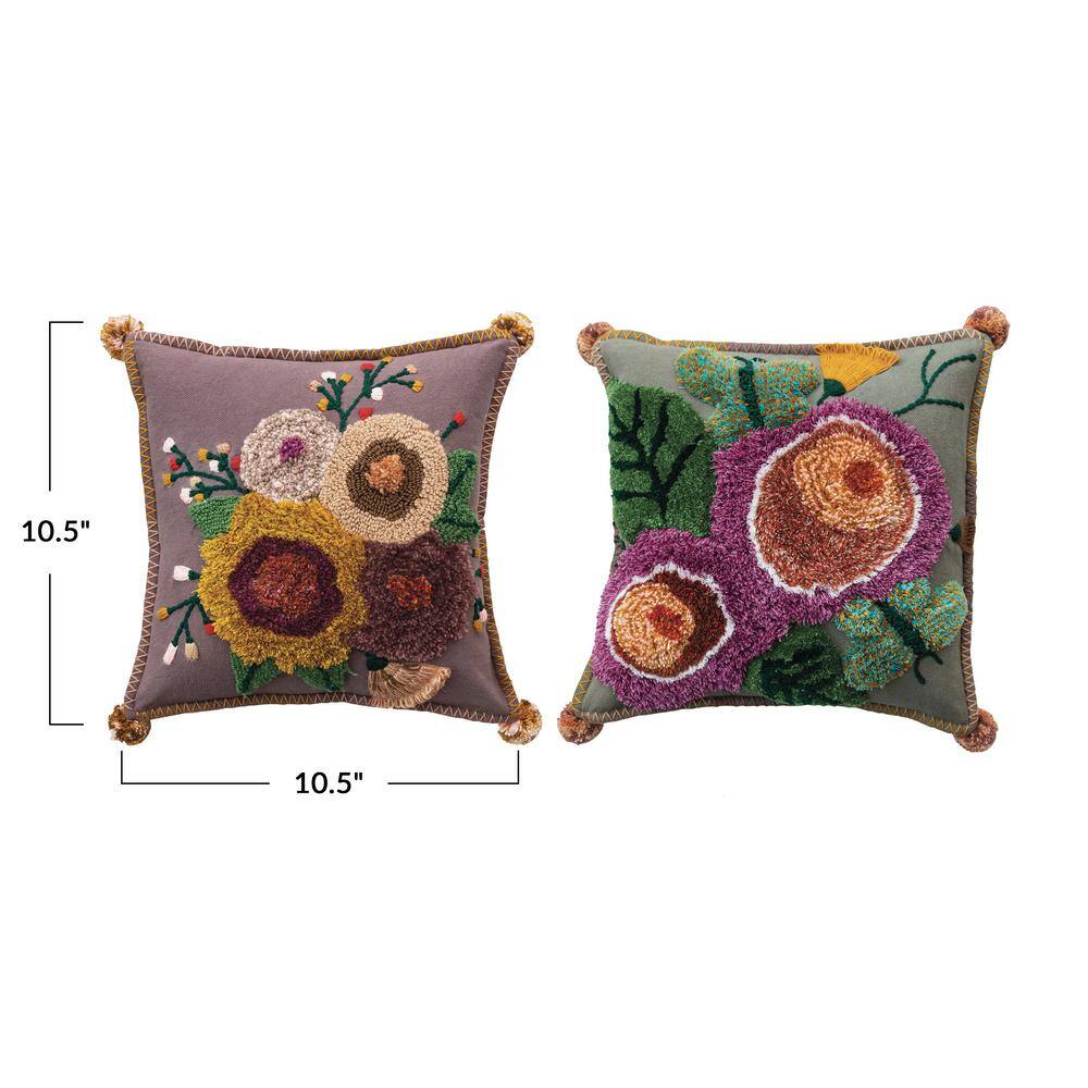 Embroidered Multicolor Floral Cotton Square Throw Pillows Set