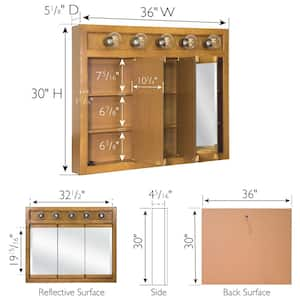 Richland 36 in. x 30 in. x 5 in. Surface-Mount 5-Light Tri-View Bathroom Medicine Cabinet in Nutmeg Oak