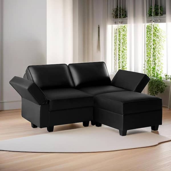 61.02 in. Square Arm 2-piece Faux Leather Loveseat Sectional Sofa in. Black with Ottoman for Streamlined Comfort