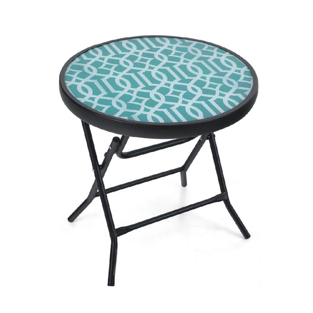 Modern Round Tempered Glass, Iron Outdoor Side Tables Foldable Patio
