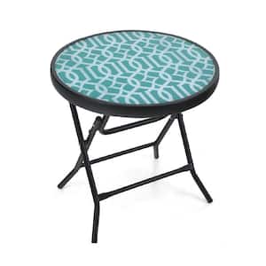 Modern Round Tempered Glass, Iron Outdoor Side Tables Foldable Patio Side Table for Living Room,Sofa,Bedroom and Garden