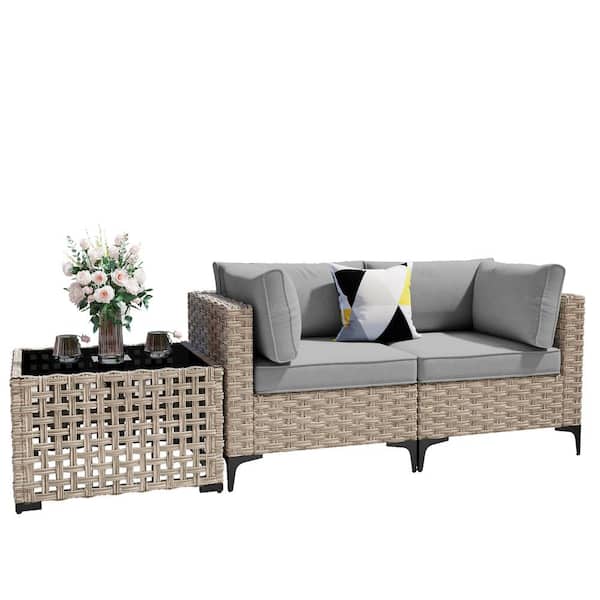Holston 3-Piece Wicker Outdoor Patio Conversation Chair Loveseat Set with a Solar-LED Table and Dark Grey Cushions