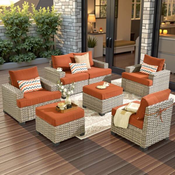 Silvae Gray 7-Piece Wicker Outdoor Patio Conversation Sectional Sofa Set with Orange Red Cushion and 2 Ottomans