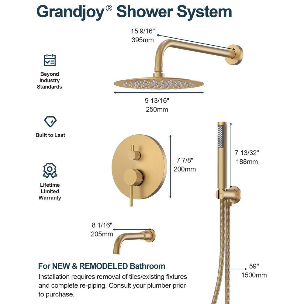 Grandjoy 10" Brushed Gold Rainfall Shower Head Set with Handheld Spray