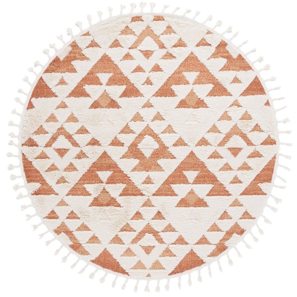 SAFAVIEH Moroccan Tassel Shag Ivory/Brick Rust 3 ft. x 3 ft. High-Low Geometric Fringe Round Area Rug