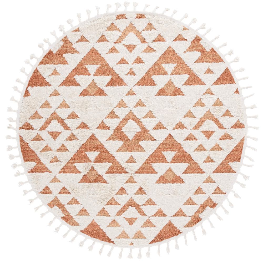 Moroccan Tassel Shag Ivory/Brick Rust 8 ft. x 8 ft. High-Low Geometric Fringe Round Area Rug price history on PriceWatchPro