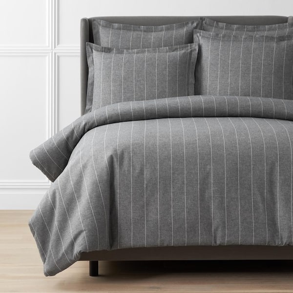 The Company Store Legends Hotel Bromley Stripes Yarn-Dyed Velvet Smoke Queen Cotton Flannel Duvet Cover