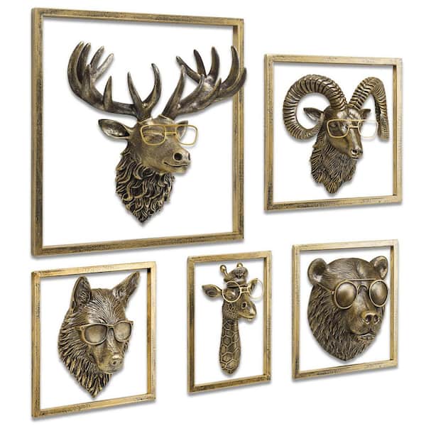 5-Pieces Animal Heads Wall Sculpture Resin Wall Decor, Bronze (Includes Metal Frame)