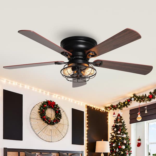 48 in. Indoor Wooden 5-Blade Flush Mount Matte Black Ceiling Fan with Light Kit and Remote Control