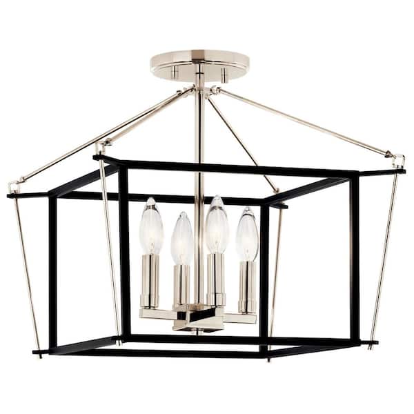 KICHLER Eisley 16 in. 4-Light Polished Nickel and Black Hallway Modern Semi-Flush Mount Ceiling Light