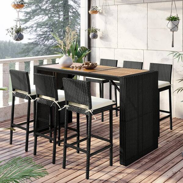 7 Piece Wicker Rectangle Bar Height, Wicker Bar Height Patio Tables And Chairs