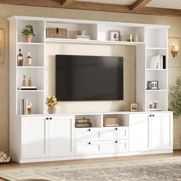 White TV Stand Fits TV's up to 70 with 4 Drawers, Adjustable Shelves for Living Room