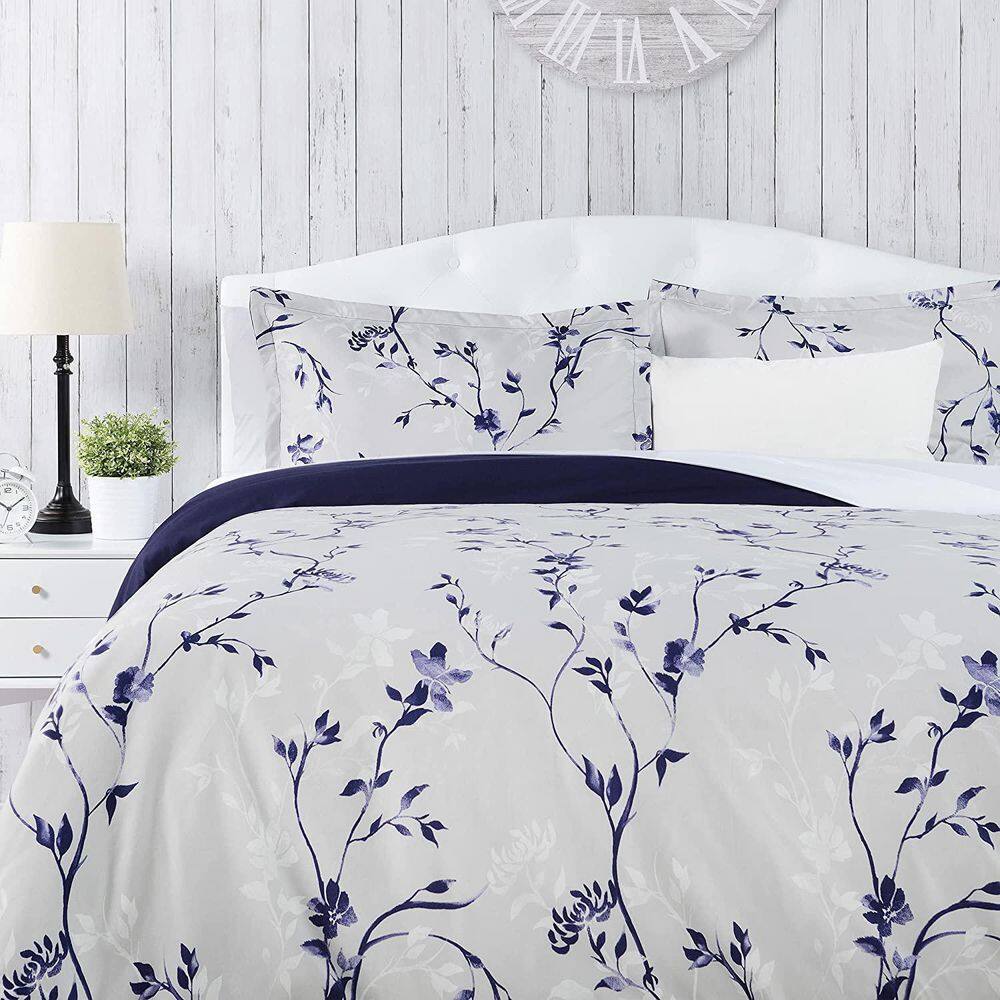 Purple Navy Floral Microfiber Reversible Duvet Cover Set, Queen Size price history on PriceWatchPro