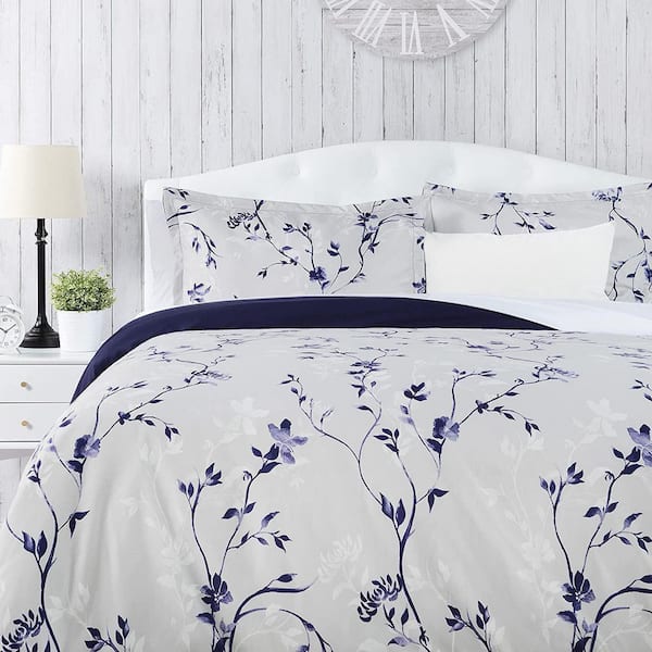 CHANASYA Purple Navy Floral Microfiber Reversible Duvet Cover Set, Queen Size