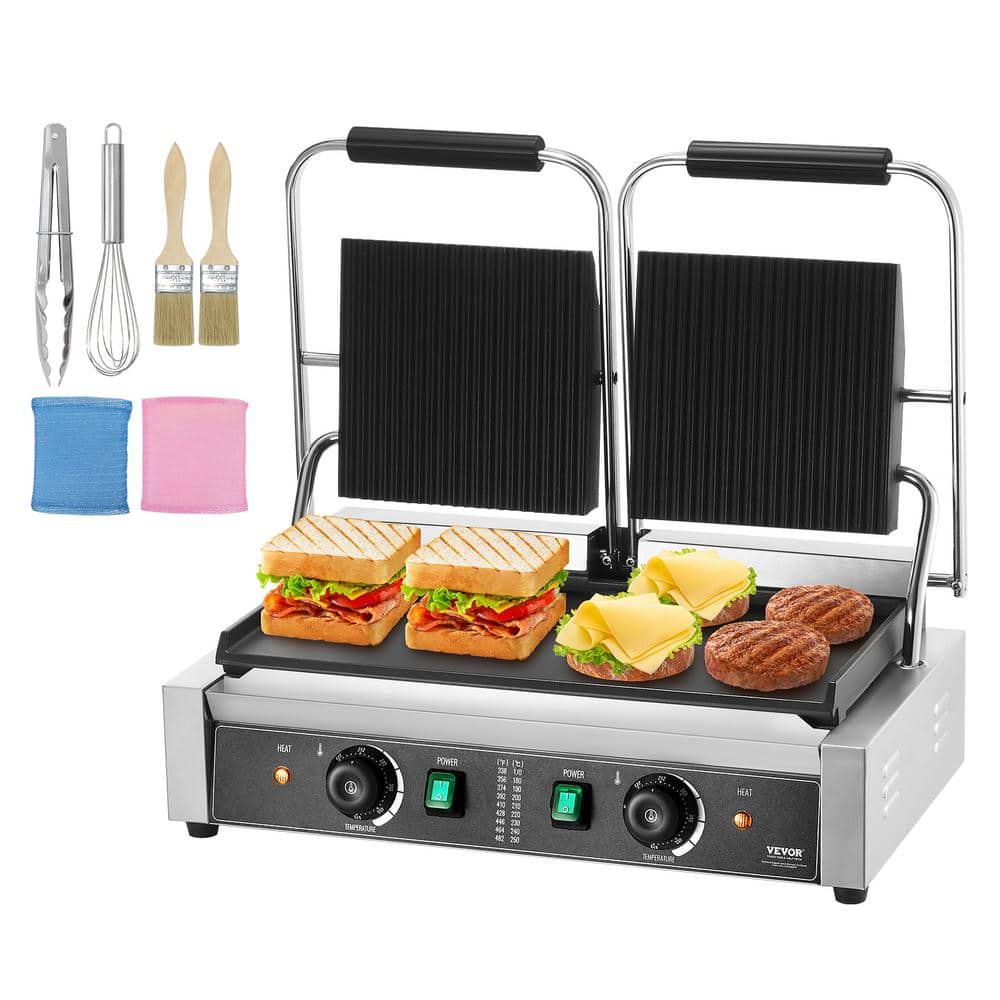 VEVOR Commercial Sandwich Panini Press 3,600-Watt Non-Stick Electric Griddle with Double Flat Plates for Hamburgers, Silver