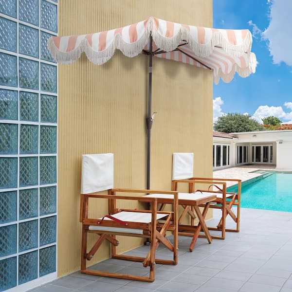 Beverly 9 ft. Designer Scalloped Fringe Half Market Patio Umbrella with Crank and Push Button Tilt in Coral Pink/White