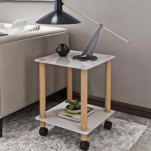 White Glass Nightstand with Wheels, Square Sofa Side Table with Light Brown Metal Legs for Living Room/Bedroom/Bathroom