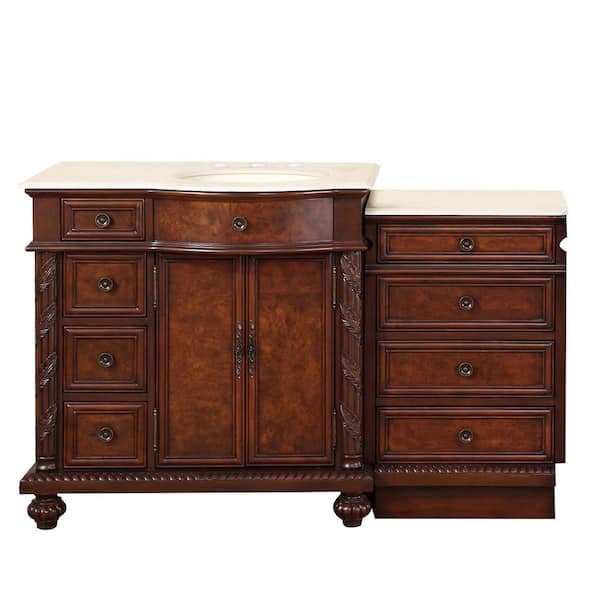Silkroad Exclusive 56 in. W x 22 in. D Vanity in English Chestnut with Marble Vanity Top in Crema Marfil with Ivory Basin