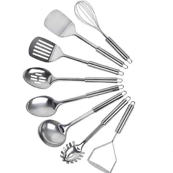 8-Piece Silver Stainless Steel Cooking Utensil Set with Solid and Slotted Spatula, Ladle, Whisk, Potato Masher