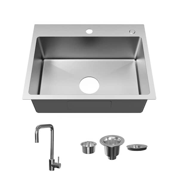 24 in. Drop-In Single Bowl 10 in. Deep Brushed 304 Stainless Steel with Sound-Deadening Pads and Drain Kit