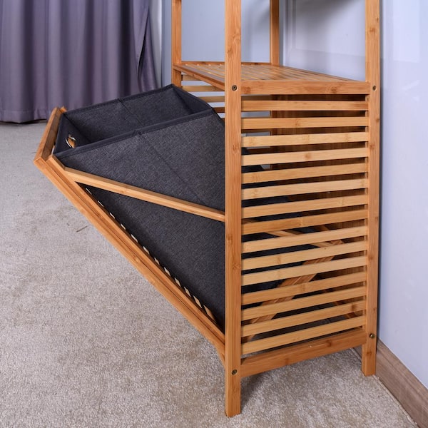 Bamboo Tower Hamper Organizer with 3-Tier Storage Shelves - Costway