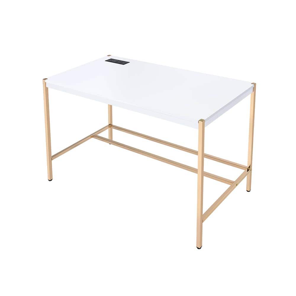 Elegance White & Gold Writing Desk with USB Port and Cable Management