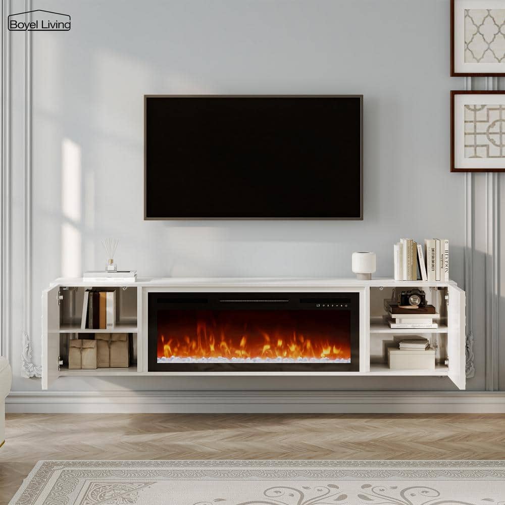 White Wall Mounted TV Stand with Electric Fireplace and Storage
