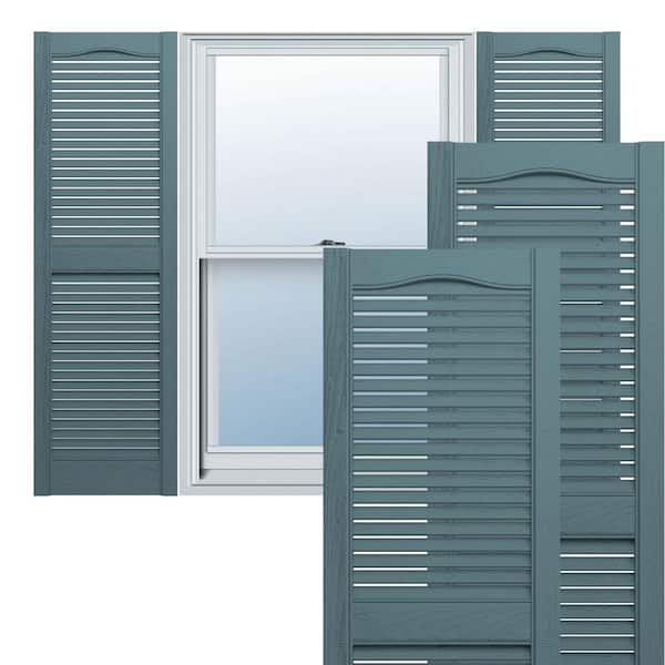 Ekena Millwork 14-1/2 in. x 30 in. Lifetime Vinyl Custom Cathedral Top Center Mullion Open Louvered Shutters Pair Wedgewood Blue