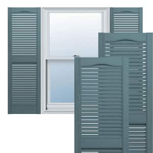 14-1/2 in. x 34 in. Lifetime Vinyl TailorMade Cathedral Top Center Mullion Open Louvered Shutters Pair Wedgewood Blue