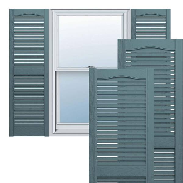 Ekena Millwork 14-1/2 in. x 48 in. Lifetime Vinyl Standard Cathedral Top Center Mullion Open Louvered Shutters Pair Wedgewood Blue